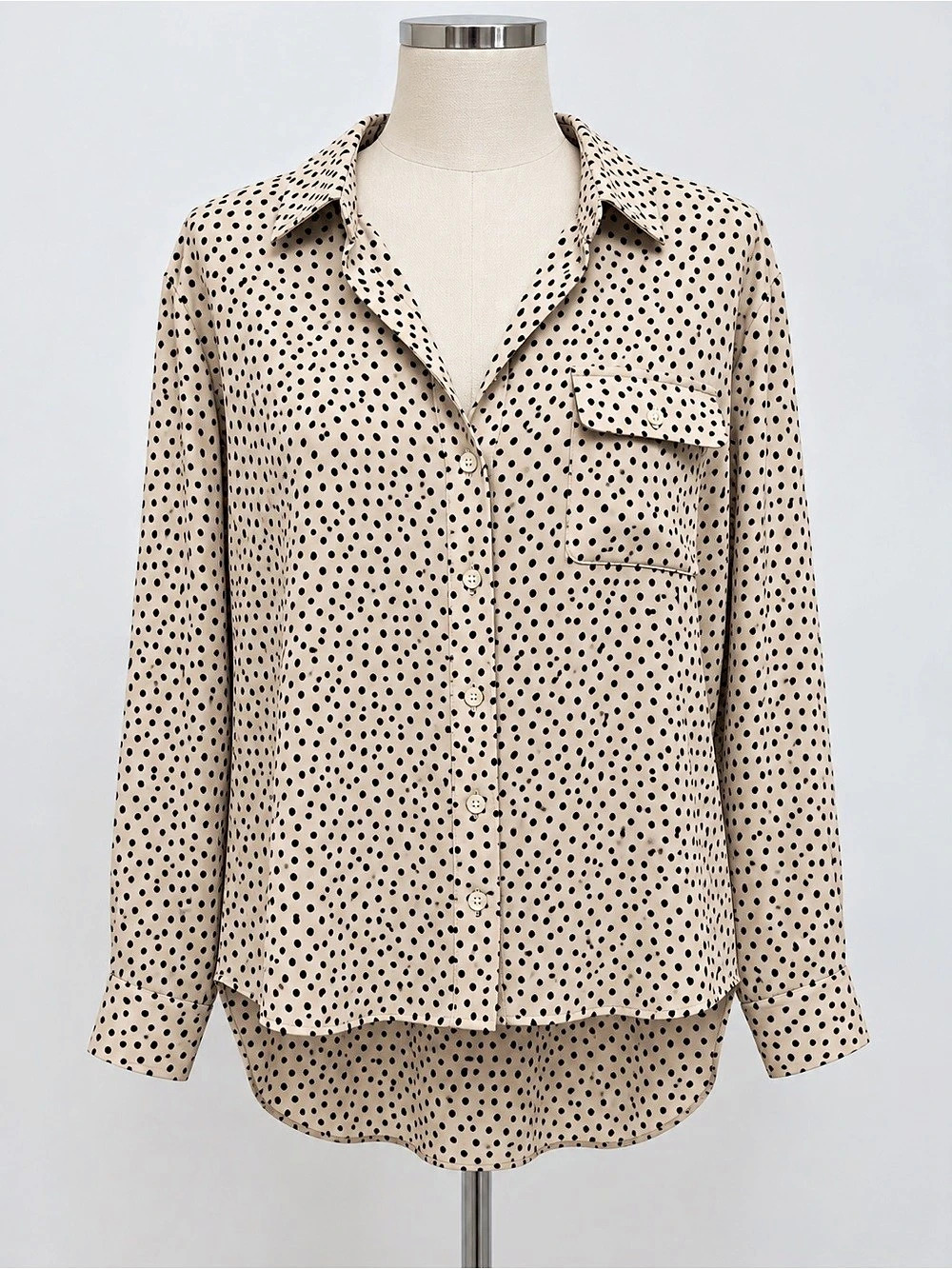 Pleione Small Beige Black Polka Dot High Low Button Front Blouse
